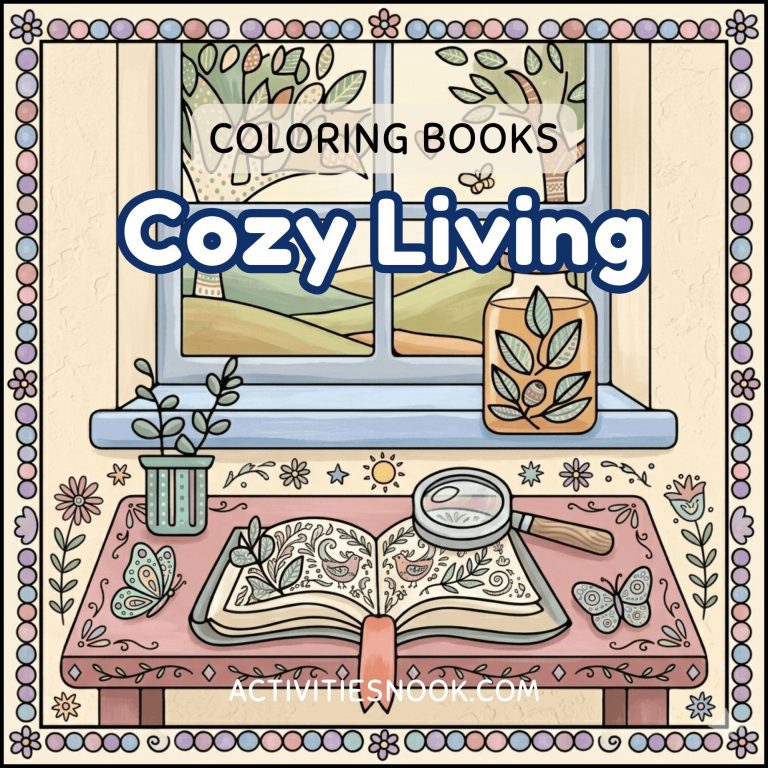 Cozy Living Coloring Books cover depicting a bright window sill scene with an open floral coloring book, magnifying glass, a potted plant, and a decorative jar of leaves, all framed by pastel floral borders.