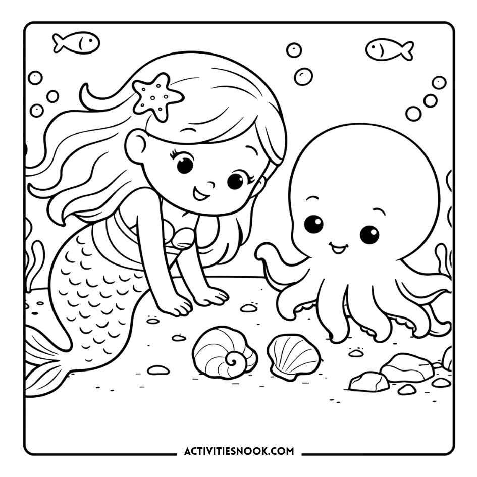 Cute mermaid and baby octopus coloring page with ocean bubbles, seashells, and fish outlines in black and white line art for kids to color mermaid theme