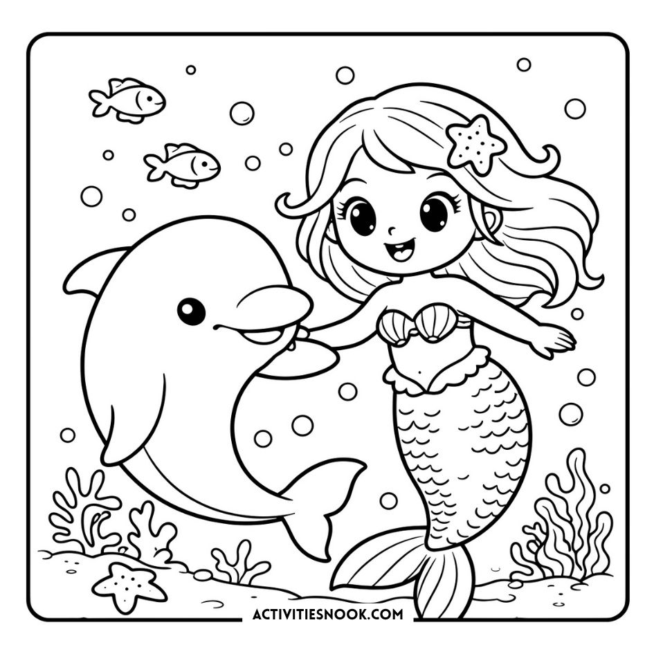 Cute mermaids coloring pages 10 shows a smiling mermaid and dolphin with sea bubbles, fish, and coral, plus ActivitiesNook.com text