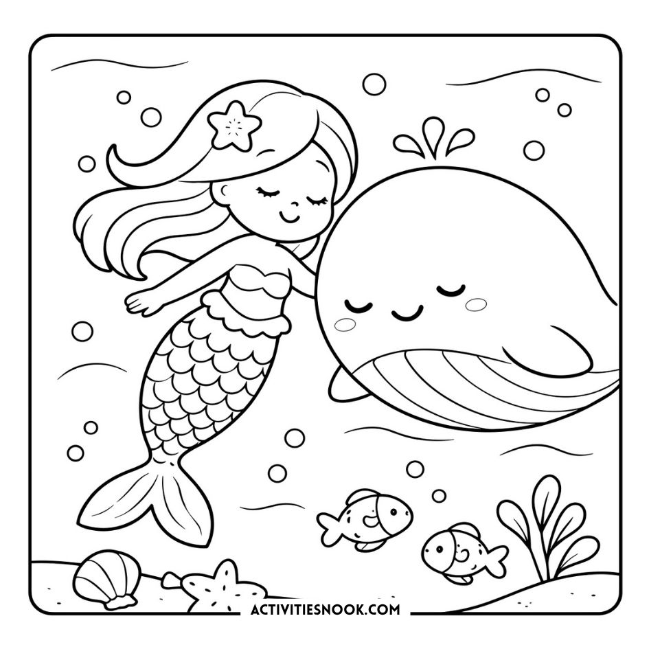 Cute mermaids coloring page with a smiling mermaid swimming beside a whale and fish, bubbles, seaweed, and shells in ocean waves