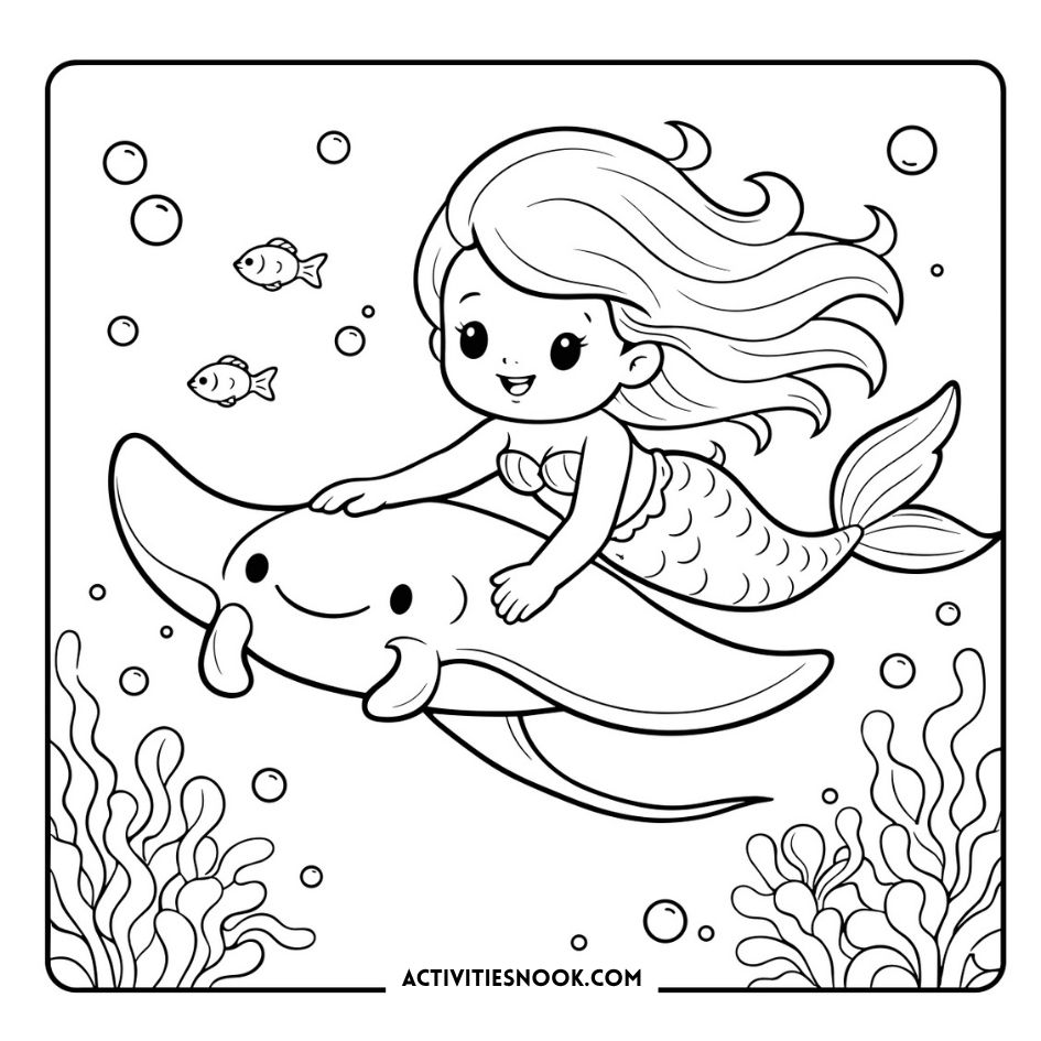 Cute mermaid coloring page with a smiling mermaid swims with a manta ray, fish, bubbles, and coral line art underwater for kids