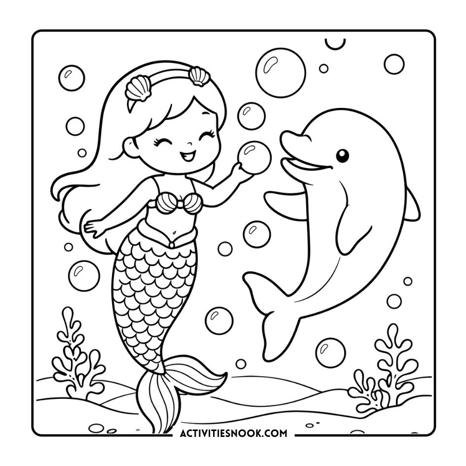 Cute mermaid holding a bubble while swimming with a friendly dolphin, surrounded by sea bubbles and coral outlines in a coloring page style line art