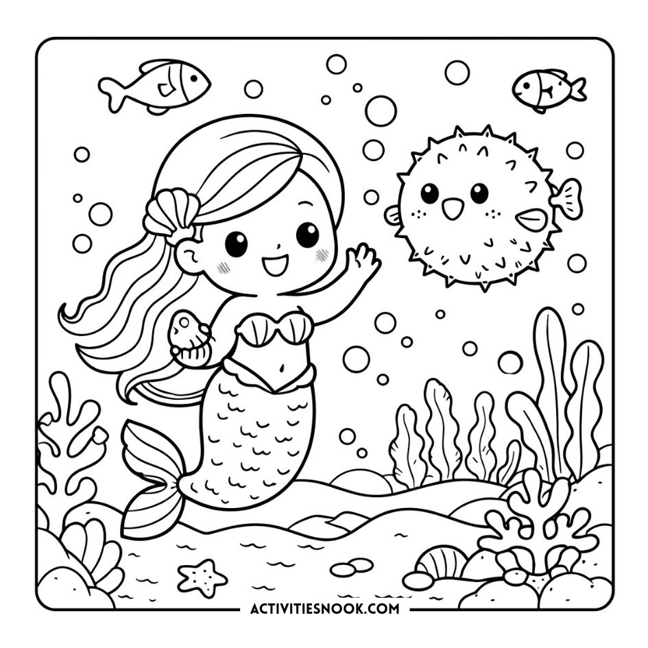 Cutest mermaid coloring page with smiling mermaid holding a shell, pufferfish, bubbles, coral and seaweed line art, ACTIVITIESNOOK.COM