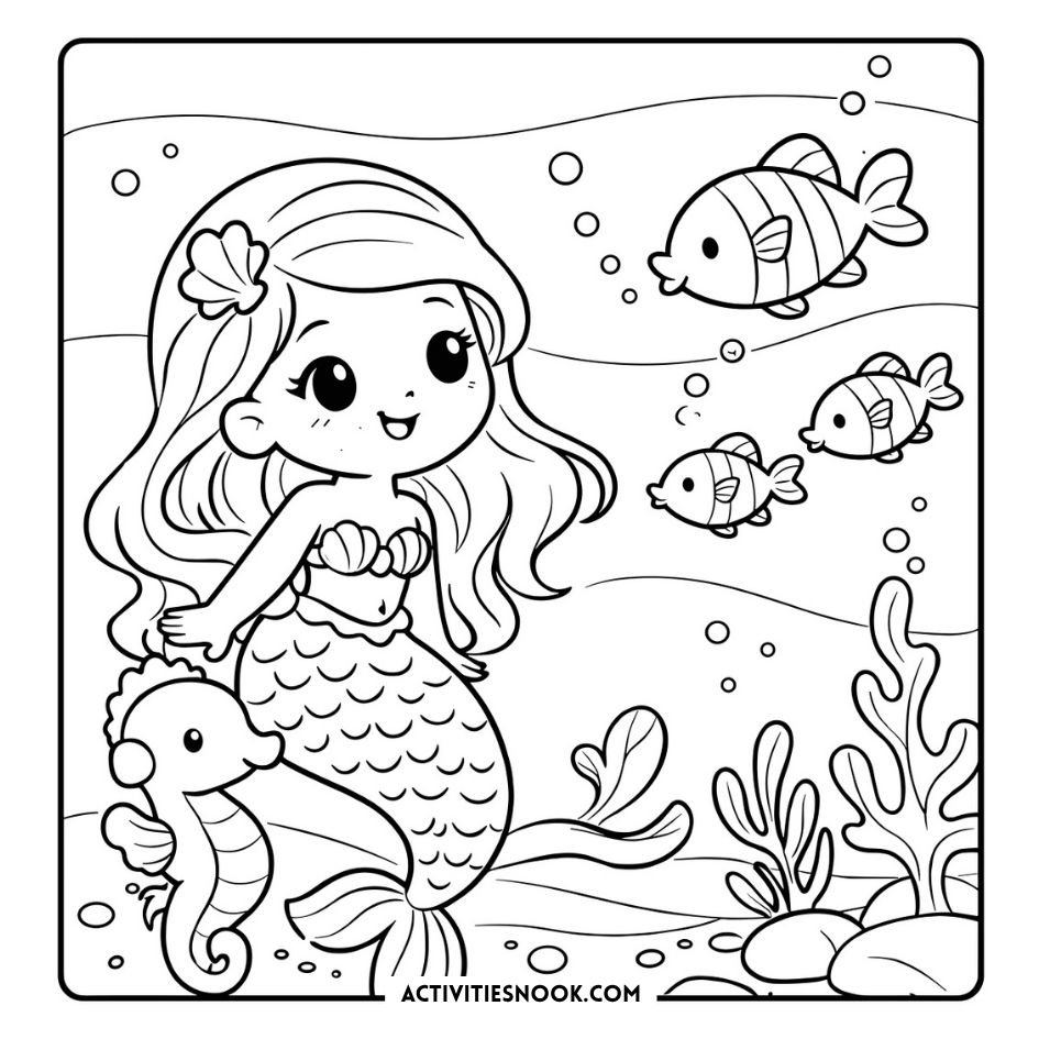 Cute mermaids coloring page 15 shows a smiling mermaid holding a seashell with fish, bubbles, and seaweed in an underwater ocean adventure for kids.