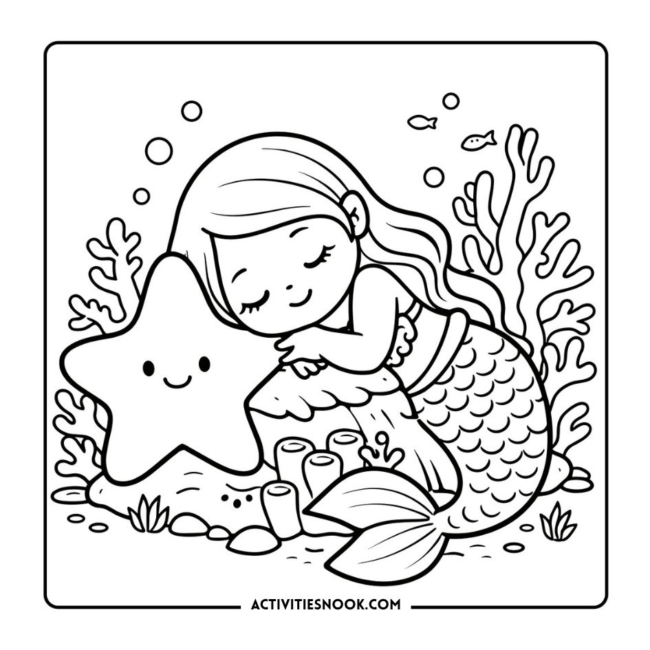 Cute Mermaids Coloring Pages 16 line art shows a smiling mermaid relaxing underwater with starfish, bubbles, coral, and sea shells in black ink