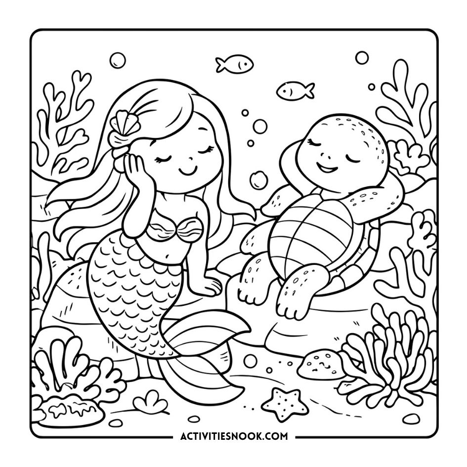 Cute Mermaids Coloring Pages 17 shows an adorable mermaid resting in the ocean with a turtle friend, bubbles, sea plants, and starfish.