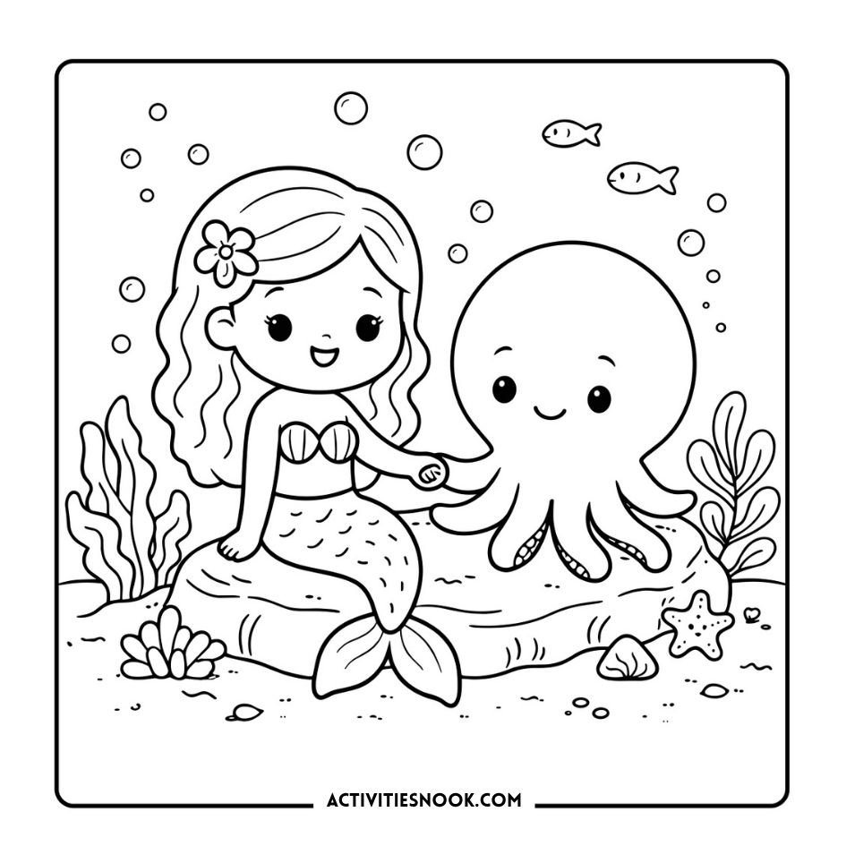 Cute Mermaids Coloring Pages 18 line art with a mermaid holding an underwater friend, bubbles and seaweed around, ACTIVITIESNOOK.COM plus starfish