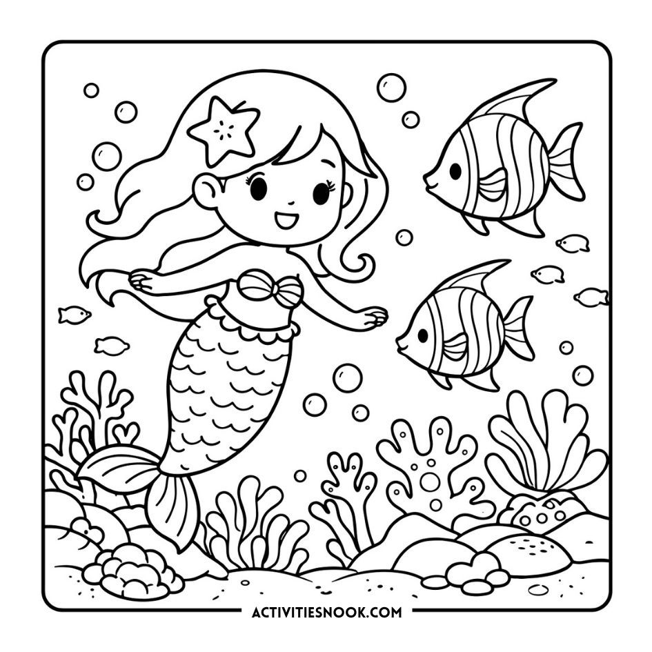 Cute mermaid coloring page shows a smiling mermaid, striped fish, bubbles, seaweed, and starfish in the ocean with ActivitiesNook.com