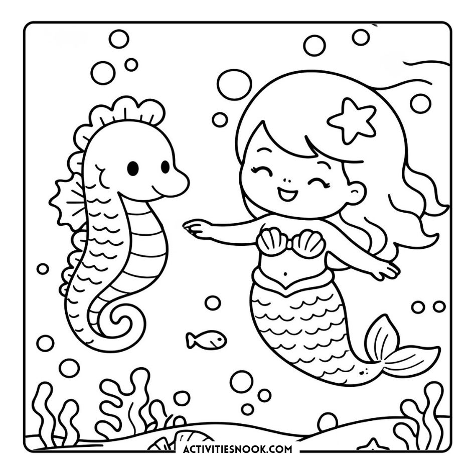 Cute Mermaids Coloring Pages 2 line art shows a smiling mermaid waving with a seashell bikini, surrounded by bubbles, seahorse, fish, and starfish.
