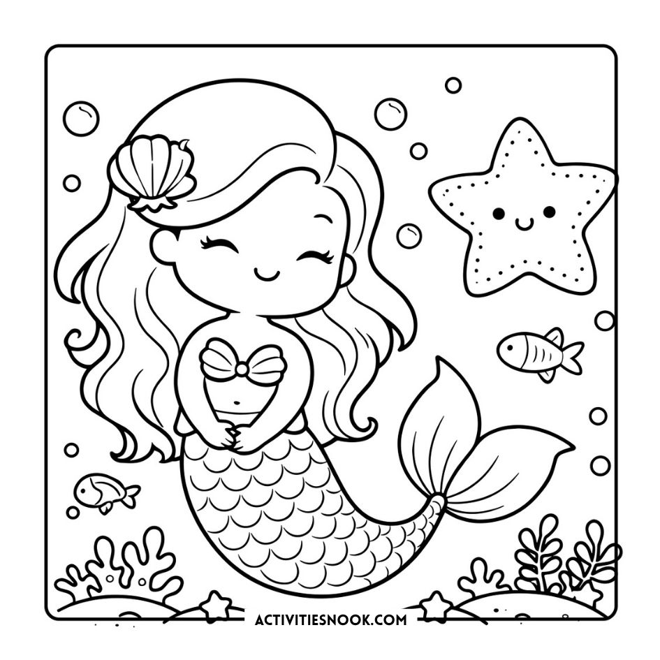 Cute Mermaids Coloring Pages 20 shows a smiling mermaid with seashell hair, swimming fish, bubbles, and a starfish to color underwater sea plants and coral.