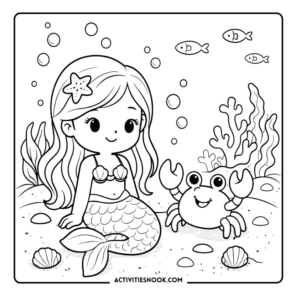 Cute Mermaids Coloring Pages 3 line art shows a smiling mermaid holding seashells with a friendly crab, fish, bubbles, seaweed, and coral.