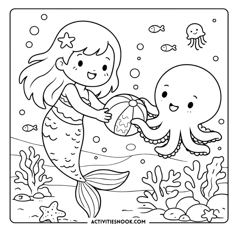 Smiling mermaid holds a beach ball and plays with a cute octopus as fish, starfish, bubbles, coral, and jellyfish outlines swirl across the underwater scene—Activities Nook.
