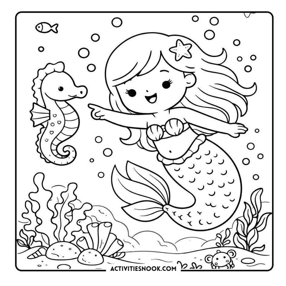 Cute mermaid coloring page with flowing hair and a starfish in hand, surrounded by seahorse, bubbles, coral, and sea shells.