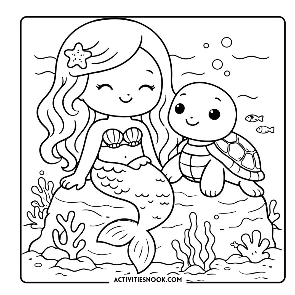 Cute mermaids coloring pages 6 line art shows a smiling mermaid and a baby sea turtle in ocean waves with bubbles and fish