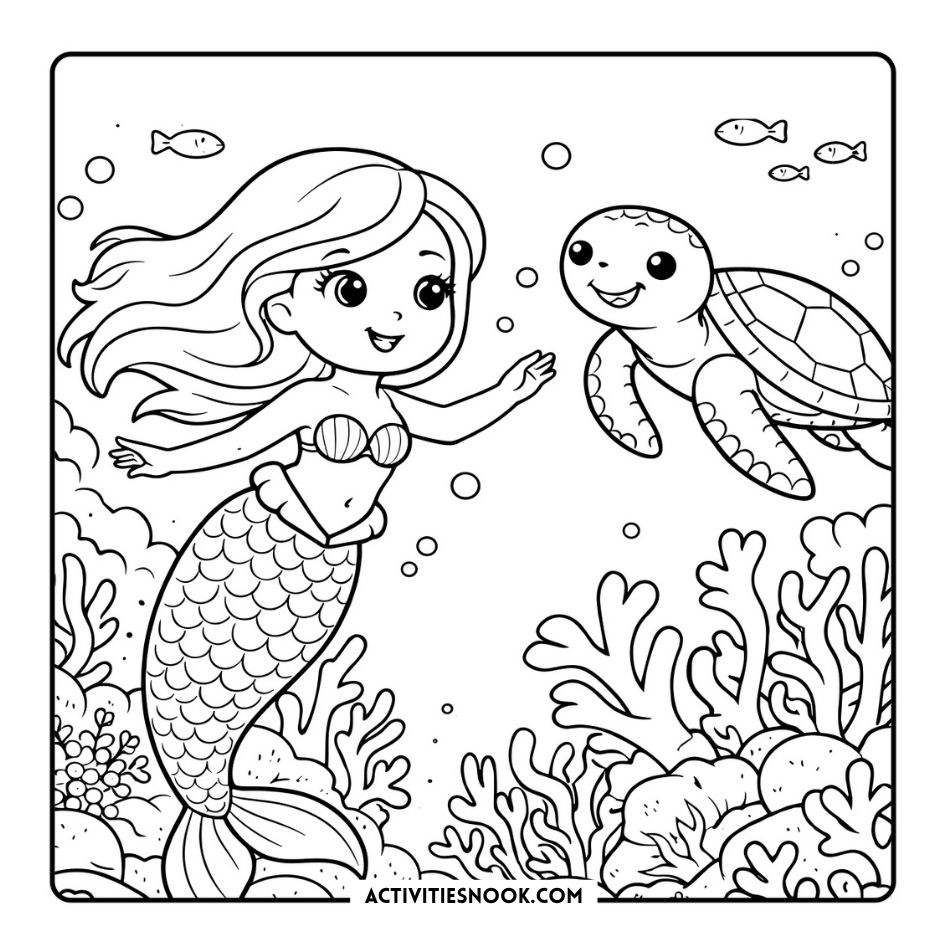 Cute Mermaids Coloring Pages 7 shows a smiling mermaid waving beside a friendly sea turtle under bubbles and coral reefs with fish swimming in background