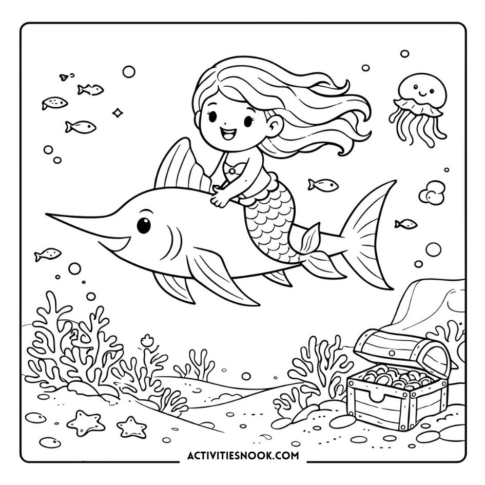 Cute mermaid coloring page showing a smiling mermaid on a swordfish underwater, with bubbles, coral, small fish, and a treasure chest—ActivitiesNook.com