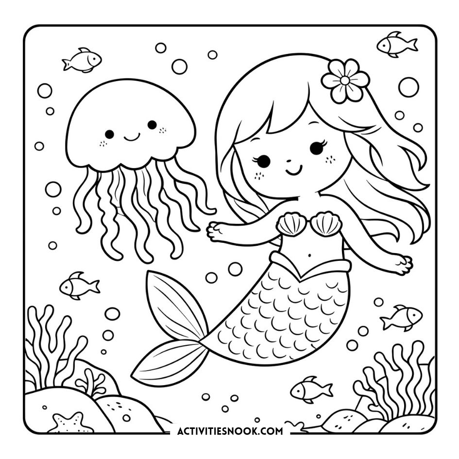 Cute mermaids coloring page with a smiling mermaid holding seashells, surrounded by fish, bubbles, seaweed, and flowers, ActivitiesNook.com