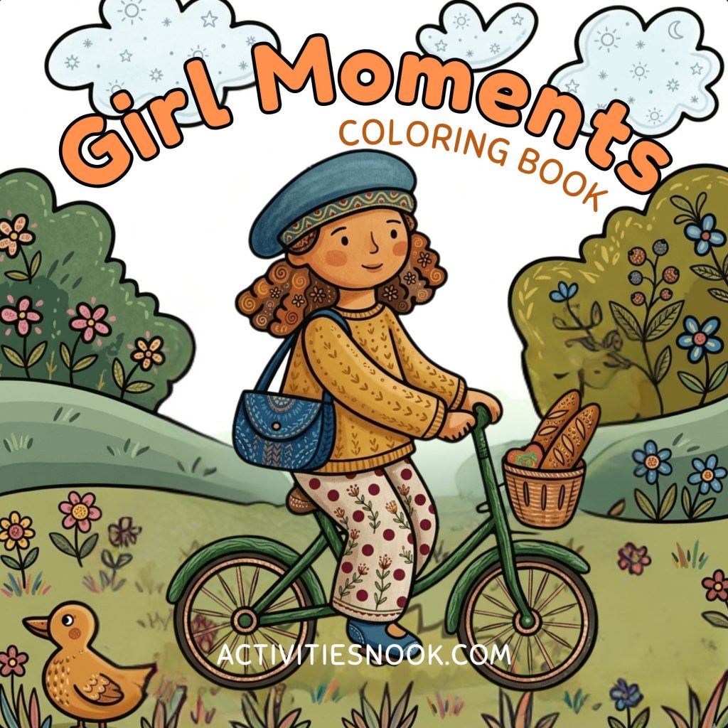 Colorful cover featuring a girl with curly hair and a teal beret riding a green bicycle along a sunny, flower-filled path, carrying a blue bag; title Novel 'Girl Moments Coloring Book' arches above with clouds and nature accents.