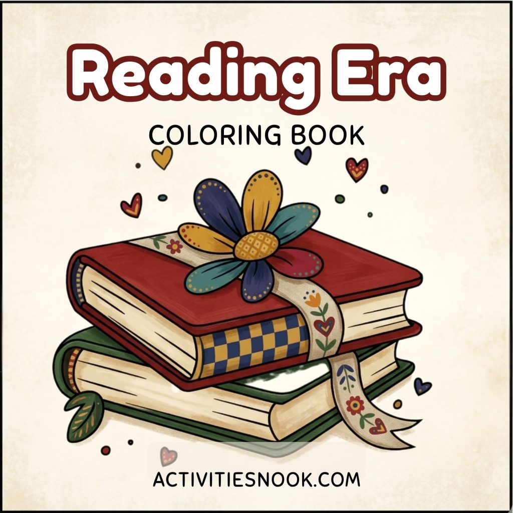 Reading Era Coloring Book cover featuring a stack of books with decorative ribbon and a large colorful flower, sketch-style illustration on a vintage parchment background.