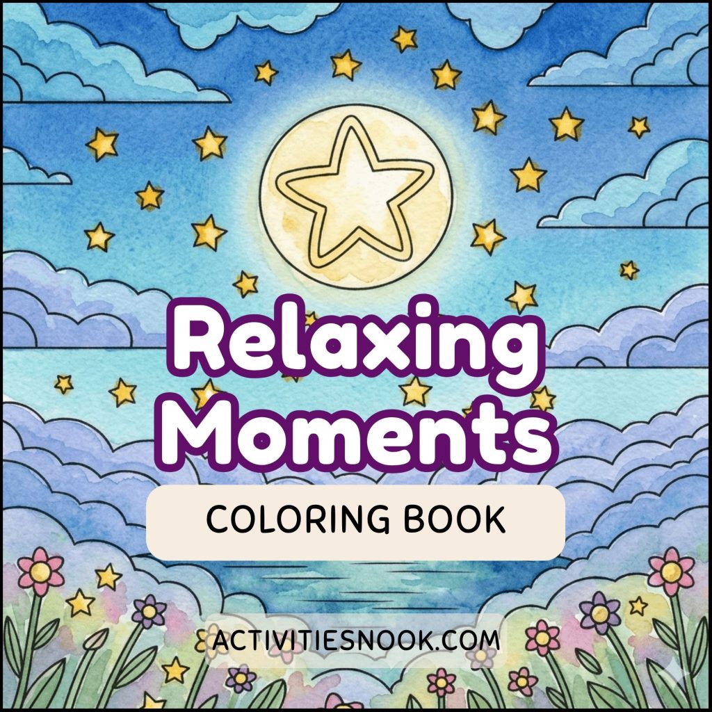 Relaxing Moments Coloring Book cover featuring a starry night sky, glowing moon, fluffy clouds, and colorful flowers along the bottom edge.