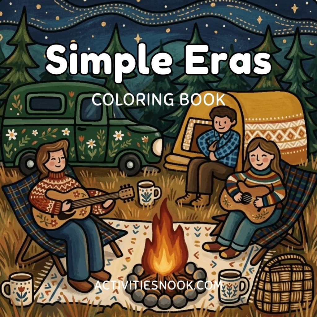 Colorful cover illustration for Simple Eras Coloring Book showing friends around a campfire with guitars, a vintage patterned van, tent, and pine trees at night.
