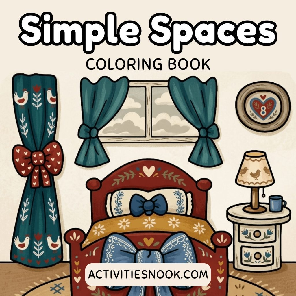 Simple Spaces Coloring Book cover depicts a cozy bedroom with teal curtains, an ornate red bed, patterned pillows, a bedside lamp, and the site name Activities Nook.