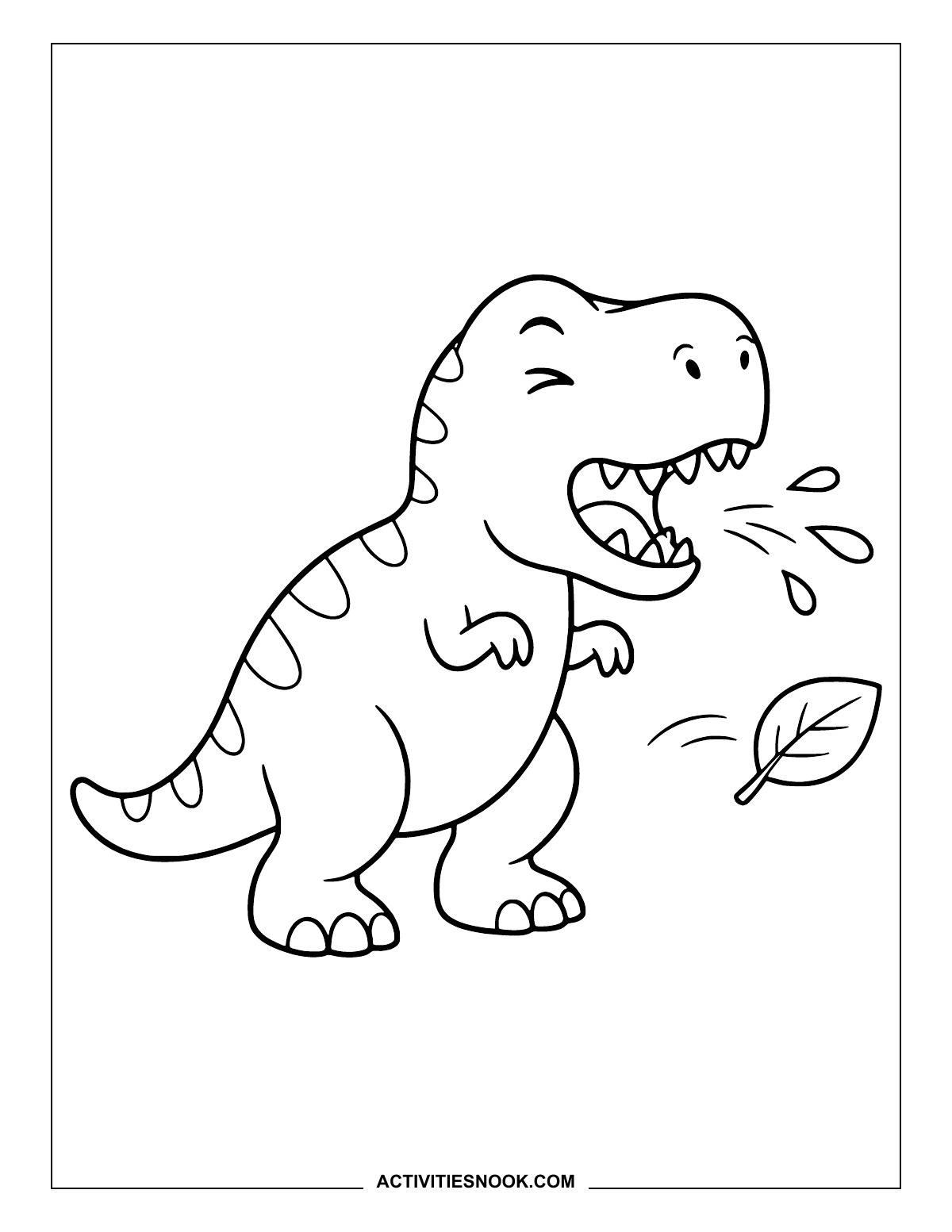T-Rex sneezing beside a drifting leaf.