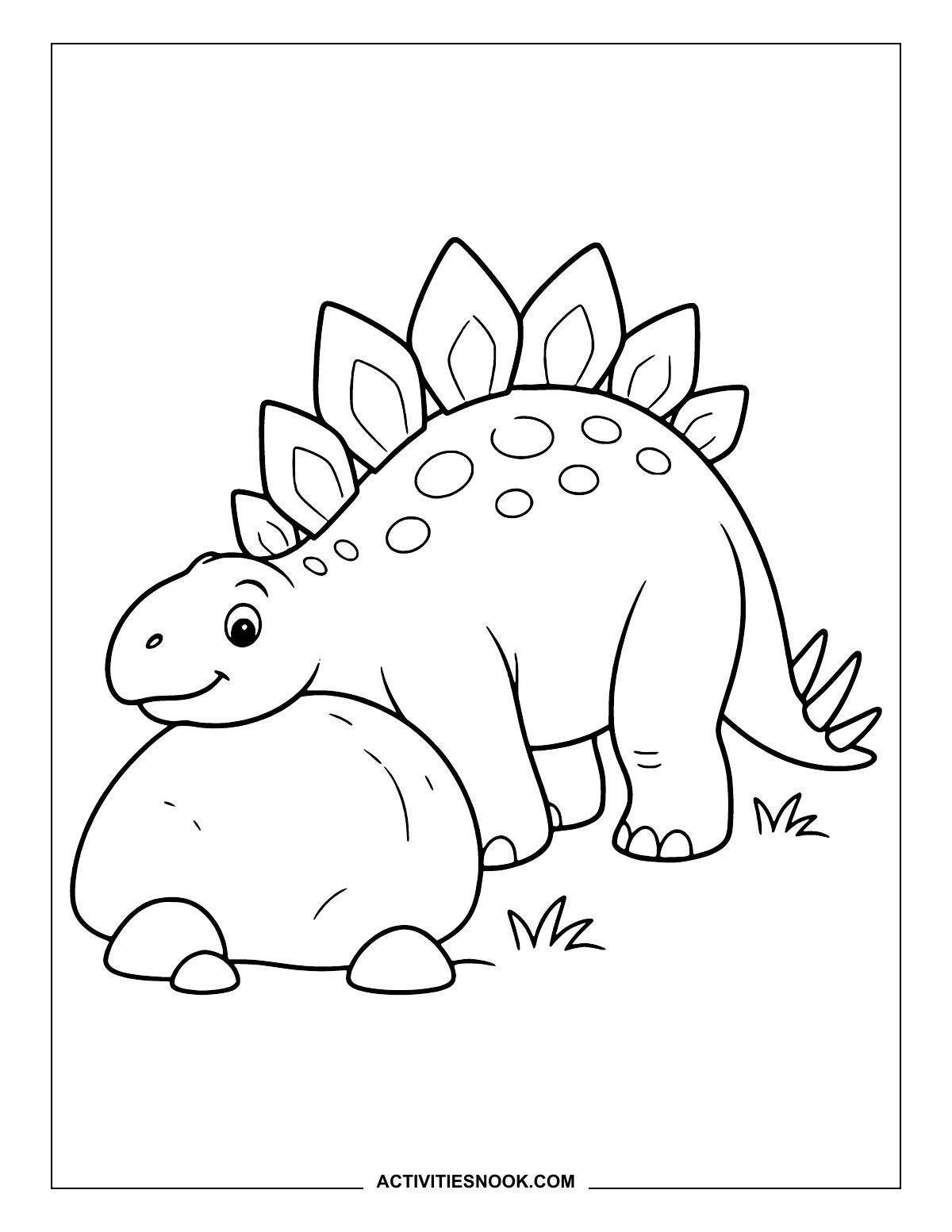 Stegosaurus standing beside a large rounded rock.