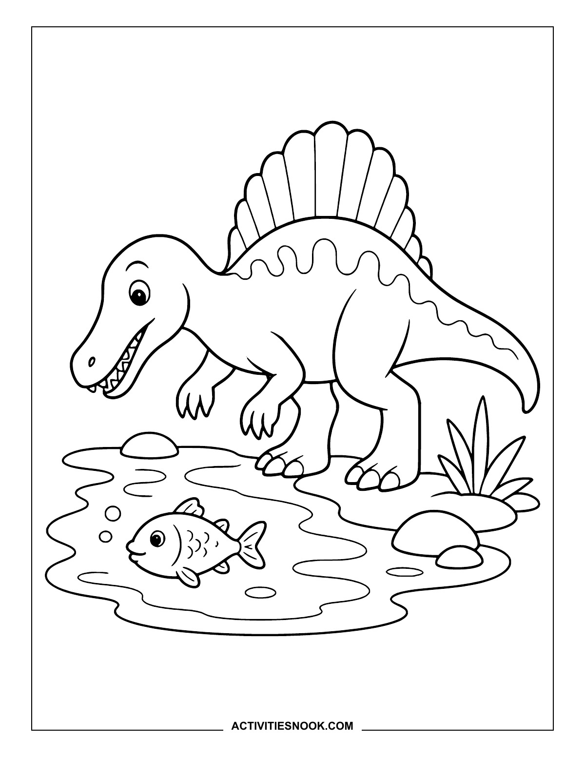 Spinosaurus watching a fish in a shallow pool.
