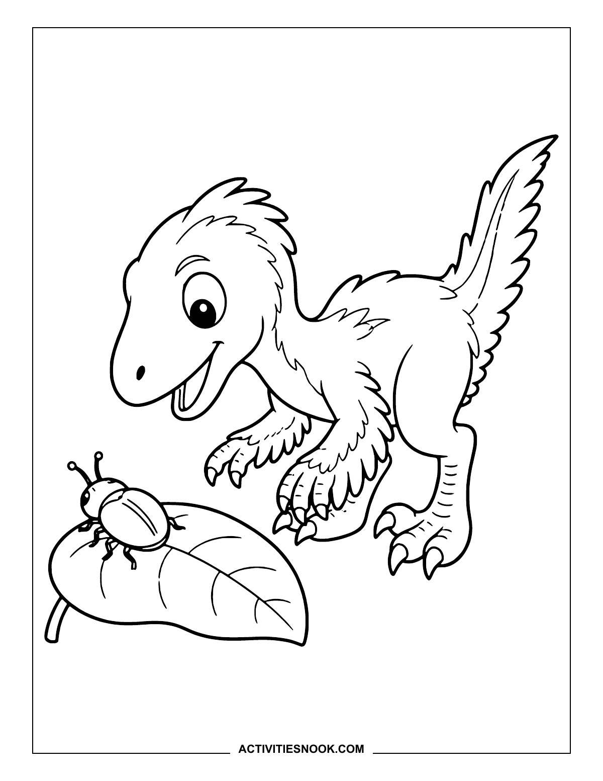 Feathered Velociraptor leaning toward a beetle on a broad leaf.