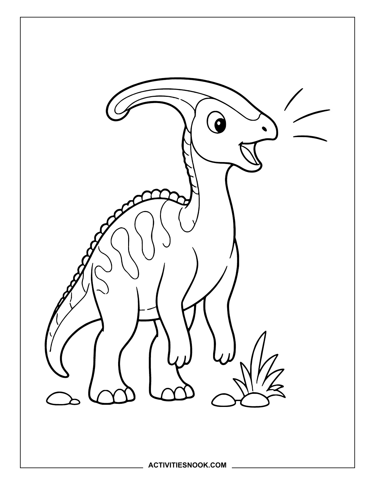 Parasaurolophus standing with its crested head raised and mouth open.