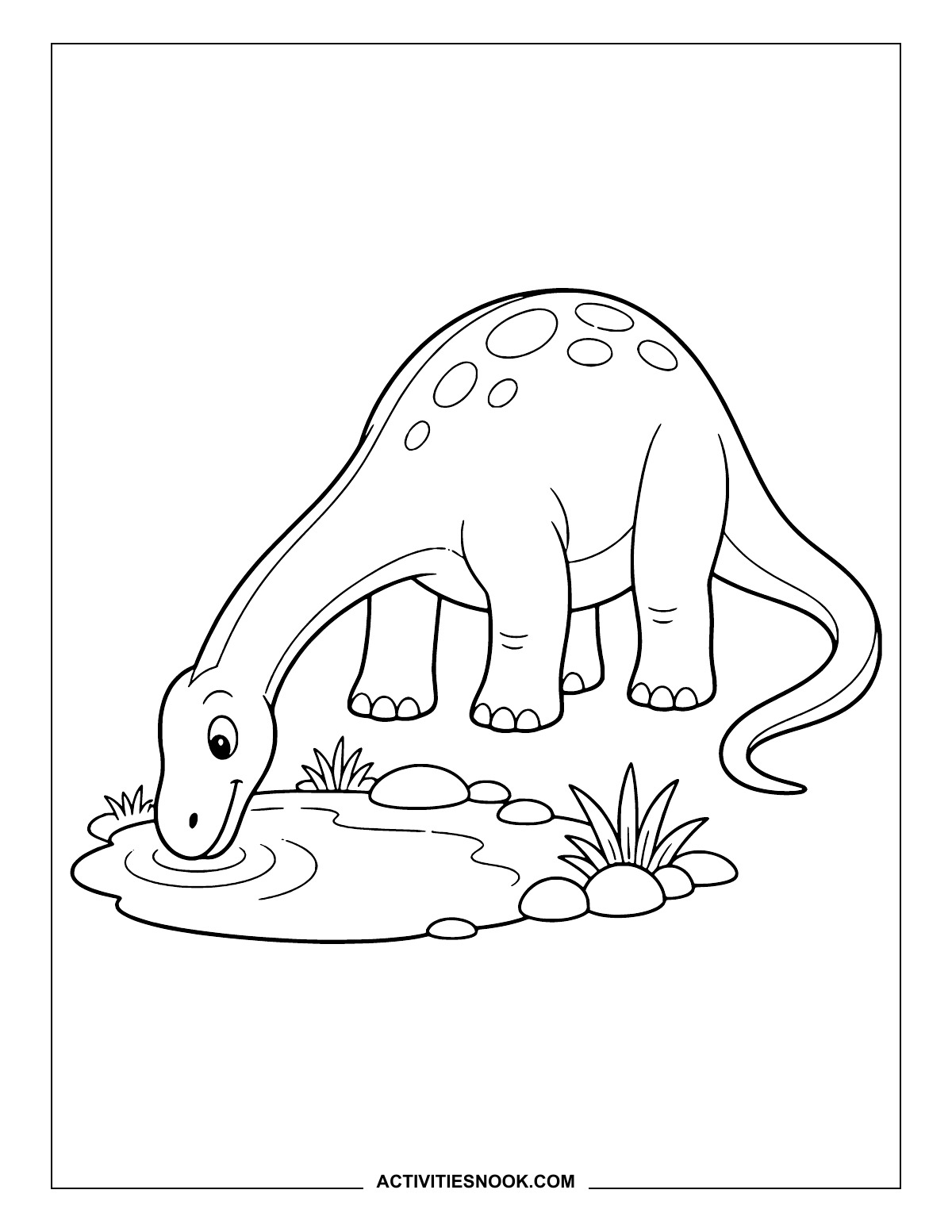 Diplodocus bending its long neck to drink from a small pool.