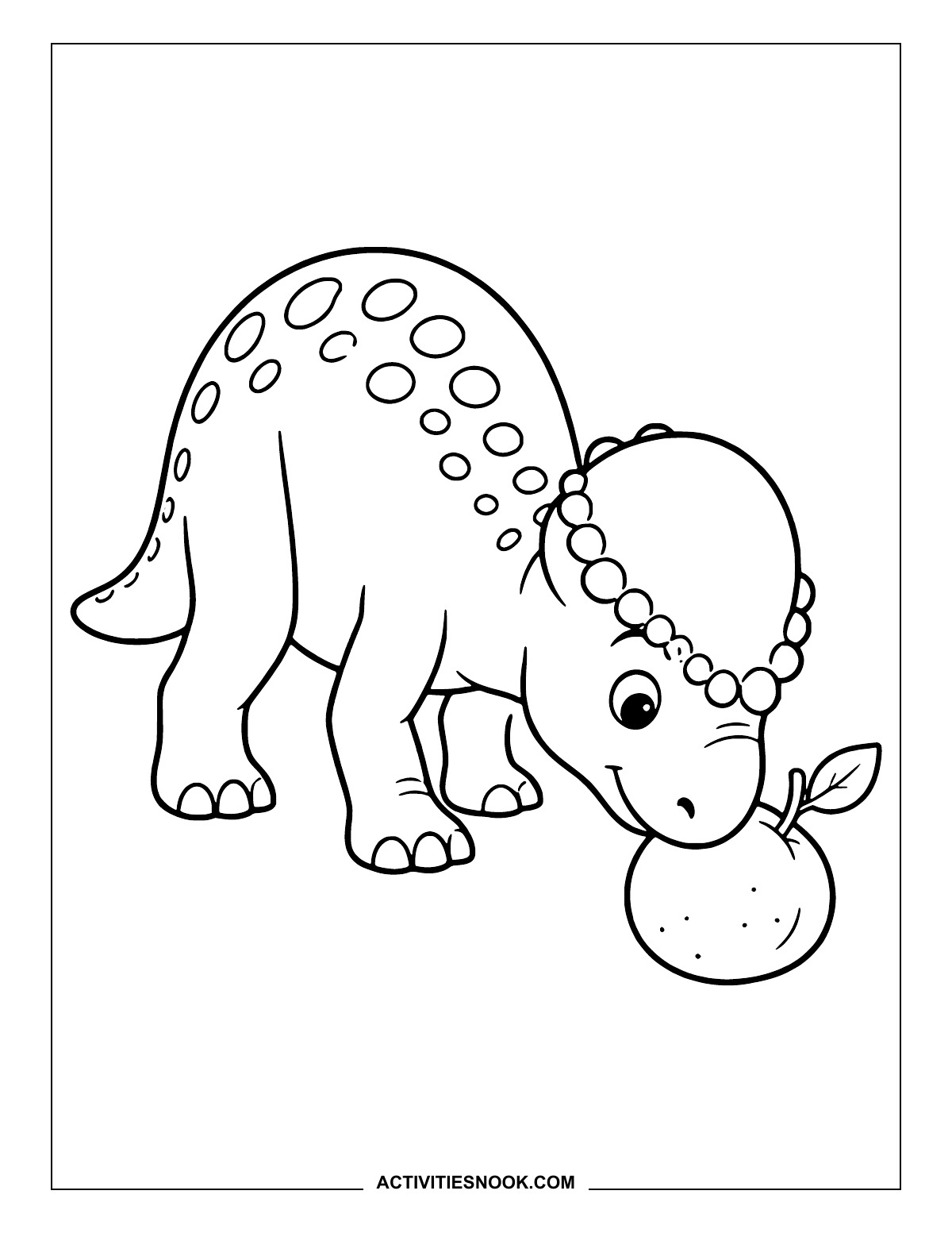 Pachycephalosaurus lowering its head toward a piece of fruit on the ground.