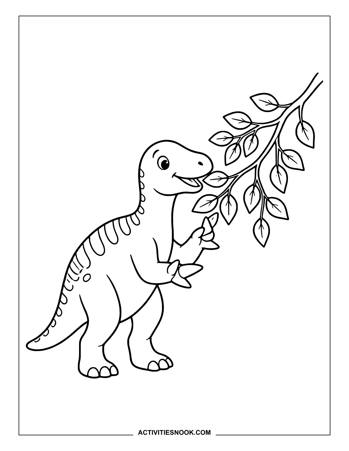 Iguanodon reaching toward a low leafy branch.