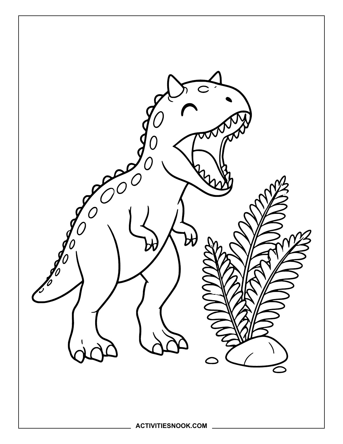 Carnotaurus with its mouth open beside a tall fern.
