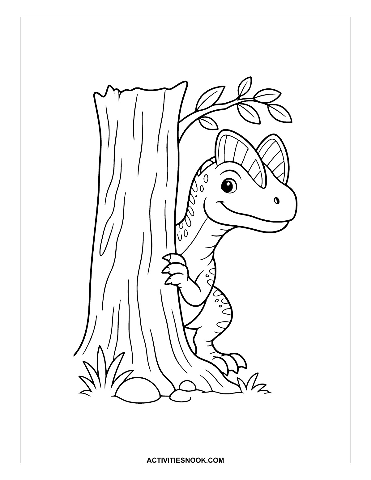 Dilophosaurus peeking around a tree trunk.