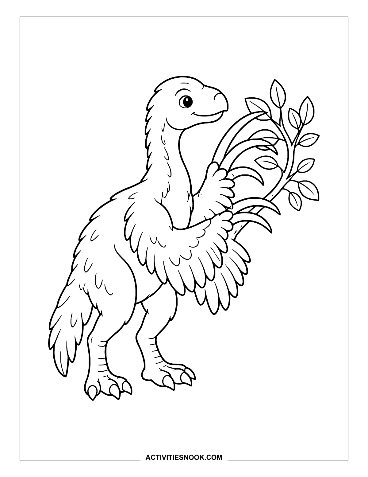 Feathered Therizinosaurus holding a leafy branch.