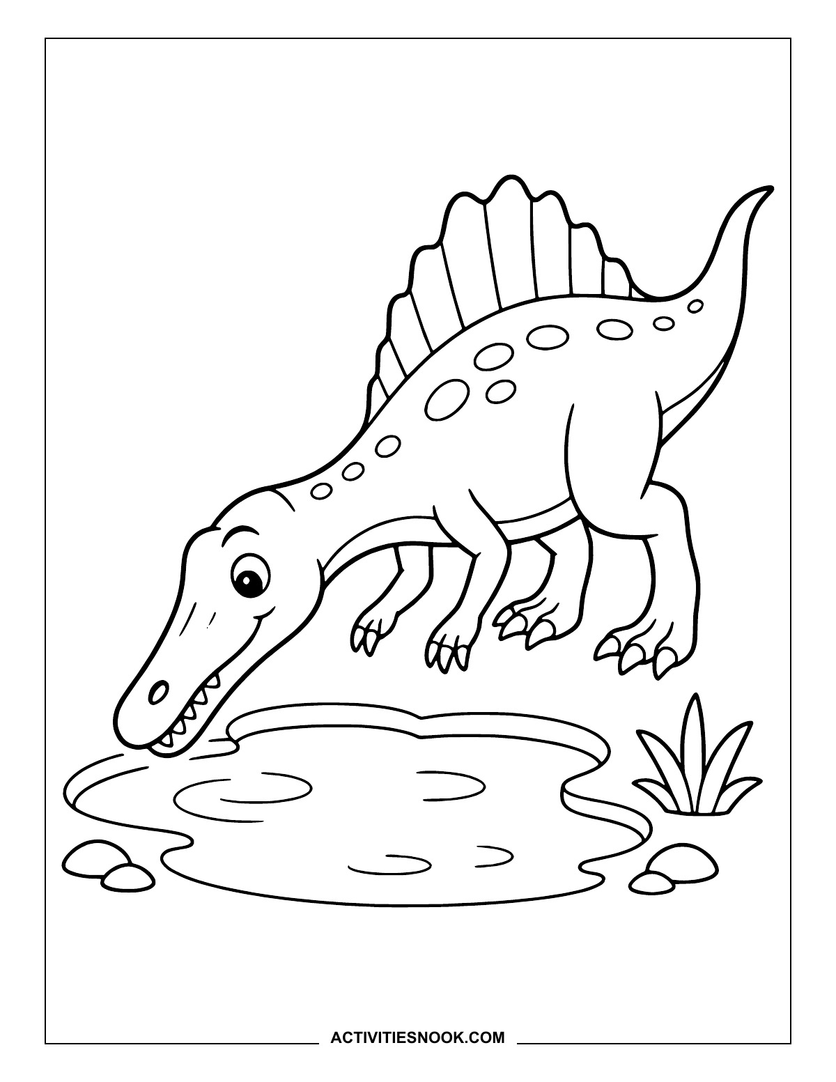 Baryonyx lowering its long snout beside a pond.