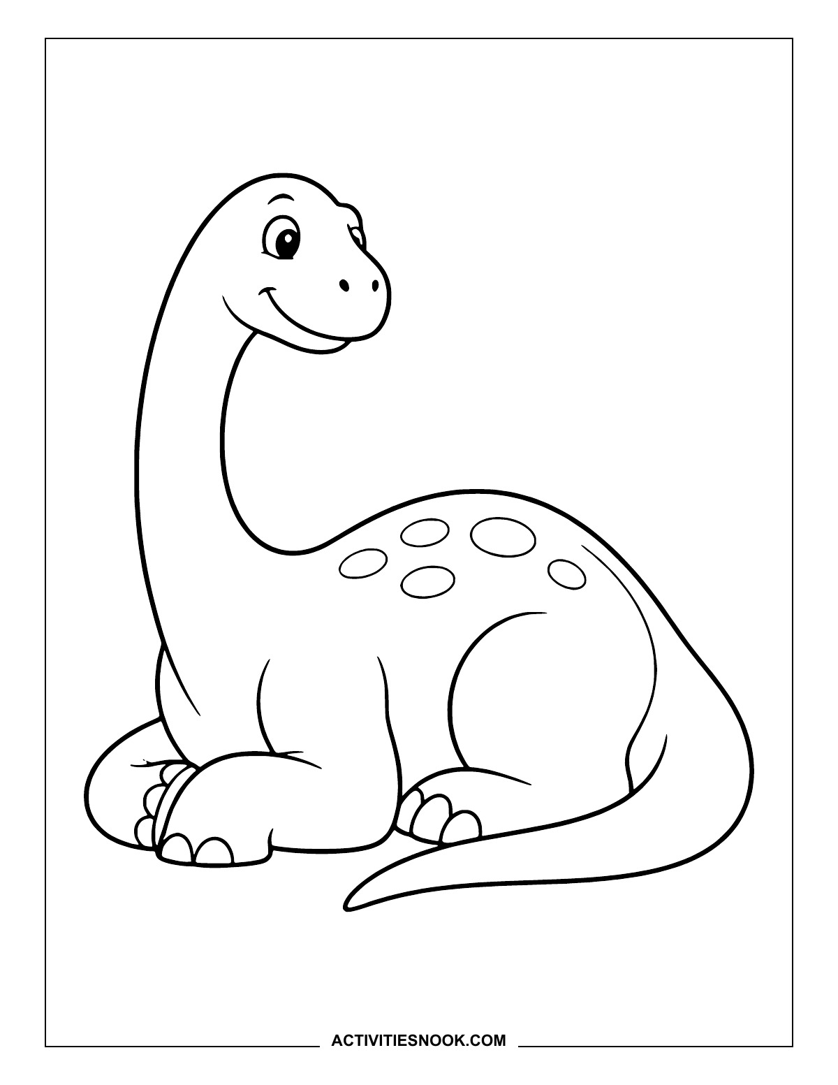 Smiling Brontosaurus sitting with its long tail curled around its feet.