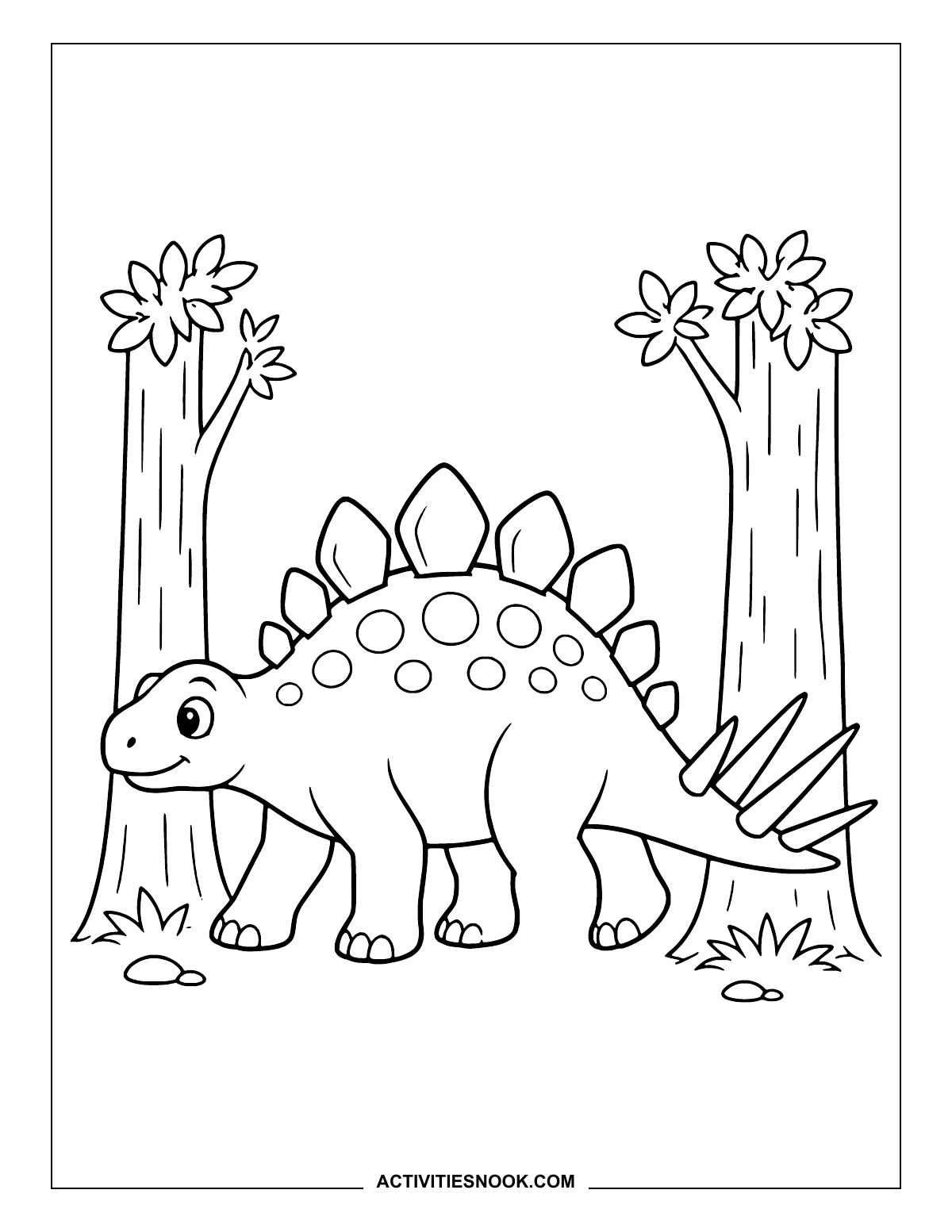 Kentrosaurus walking between two tree trunks.