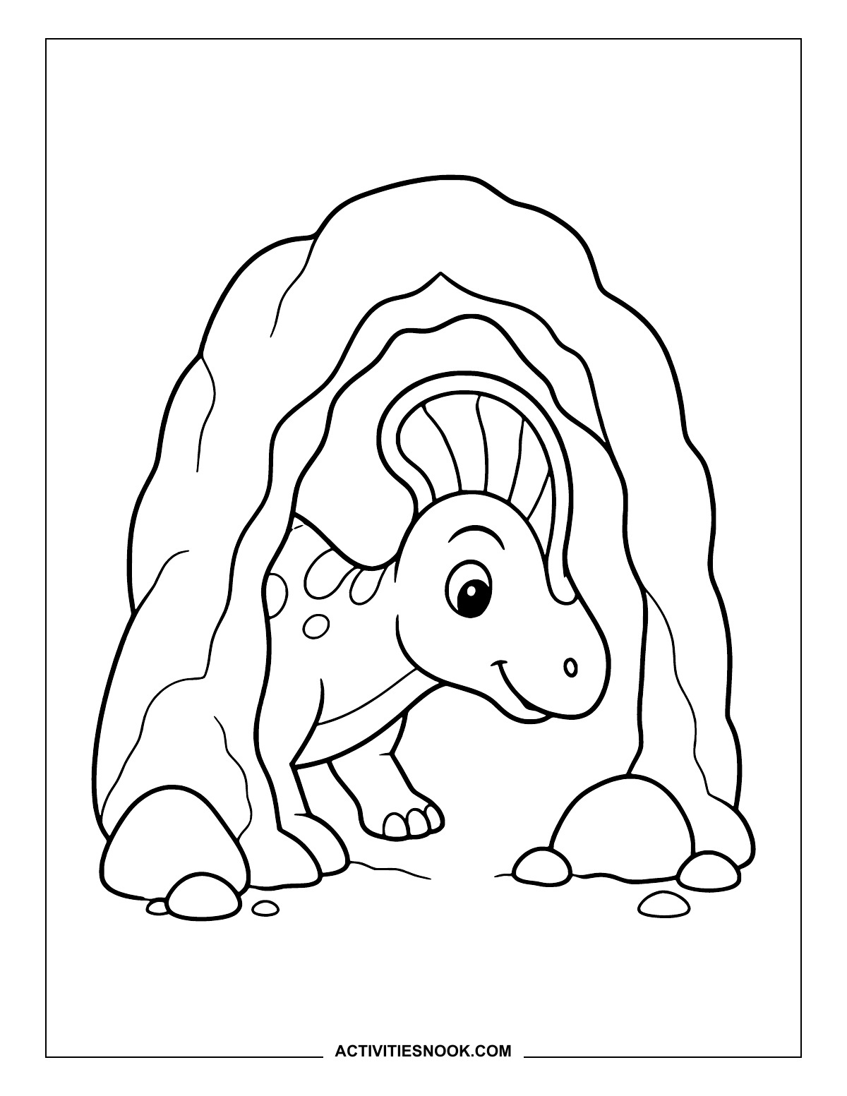 Corythosaurus standing at a rounded cave entrance.