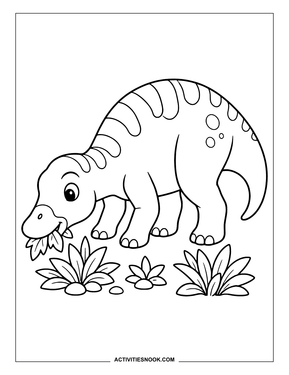 Edmontosaurus lowering its head to munch leafy plants.