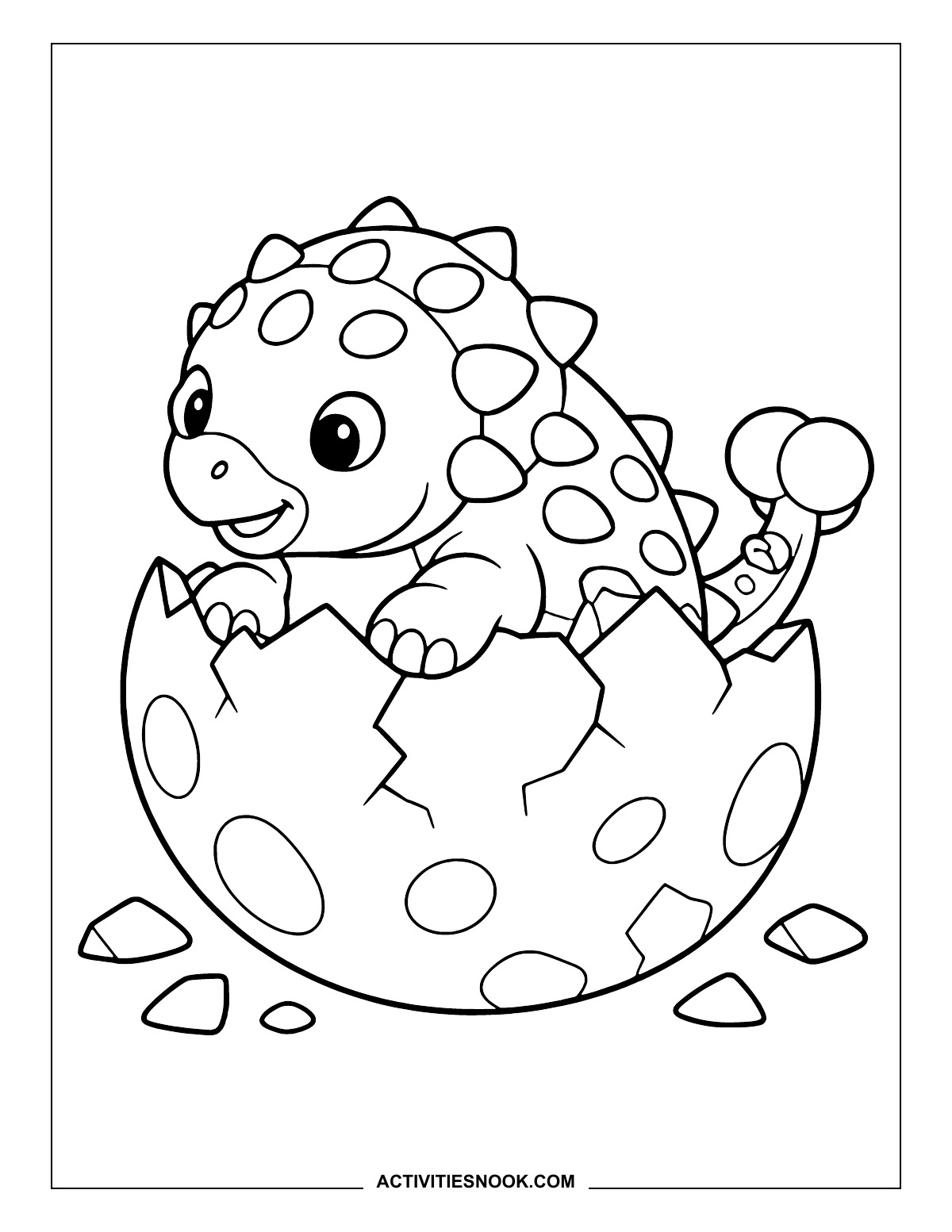Baby Ankylosaurus peeking out of a cracked egg.