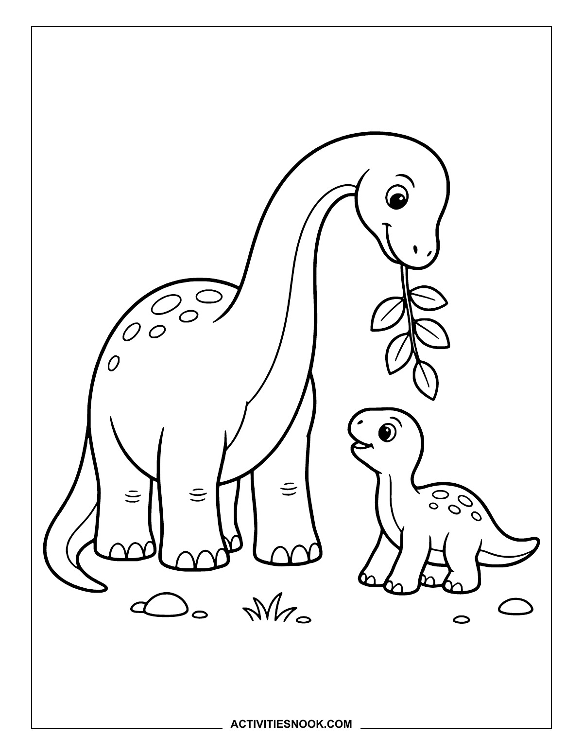Adult Apatosaurus holding a leafy stem while a hatchling looks up.