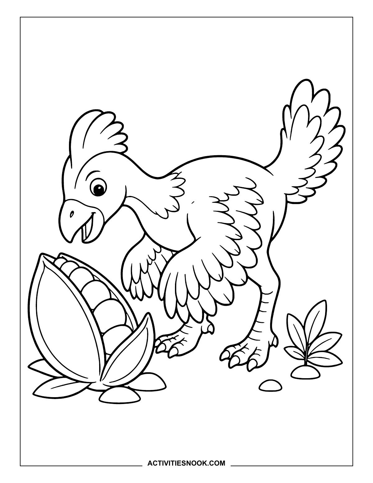 Feathered Oviraptor beside an open seed pod with oval seeds inside.
