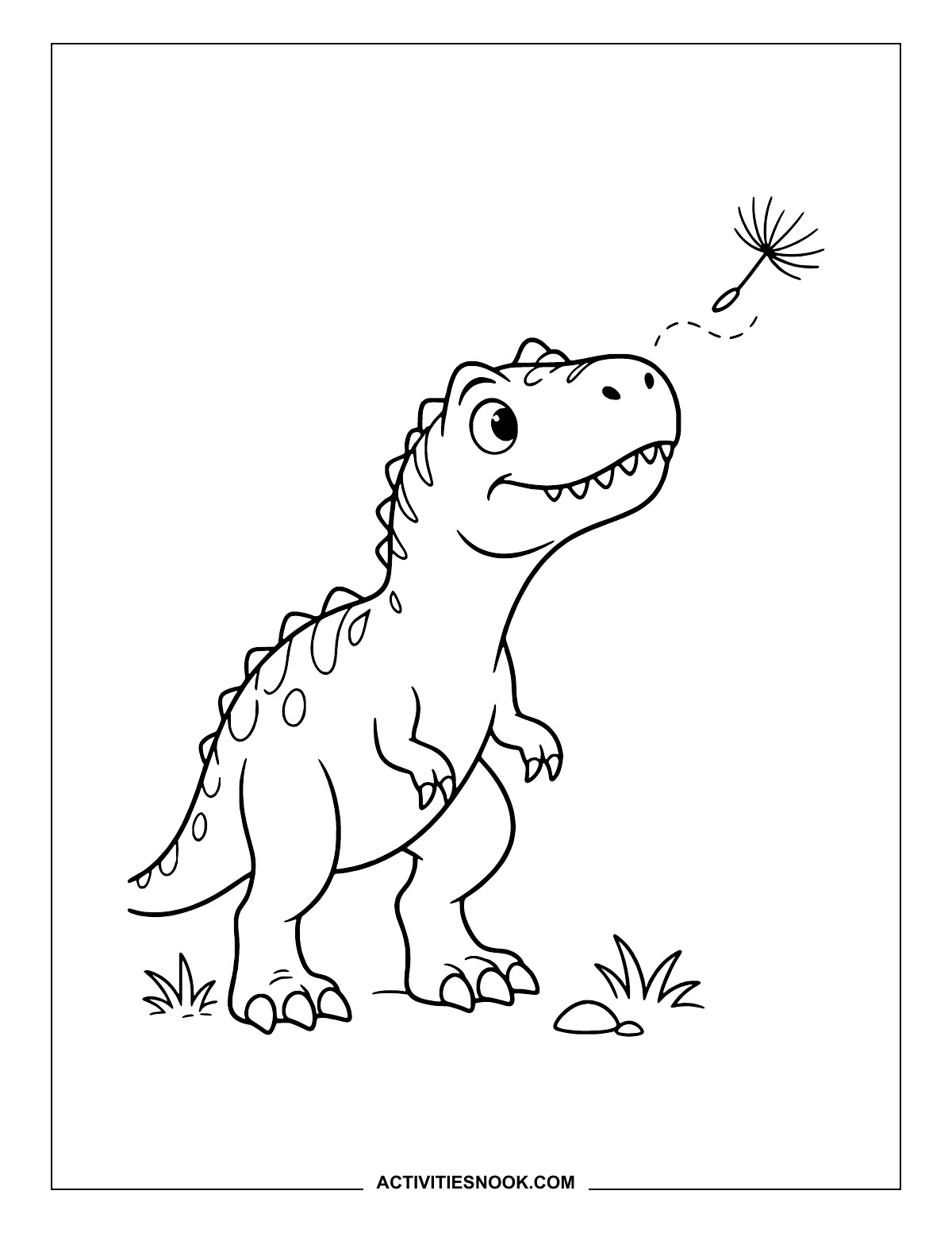 Allosaurus looking up at a fluffy seed floating through the air.