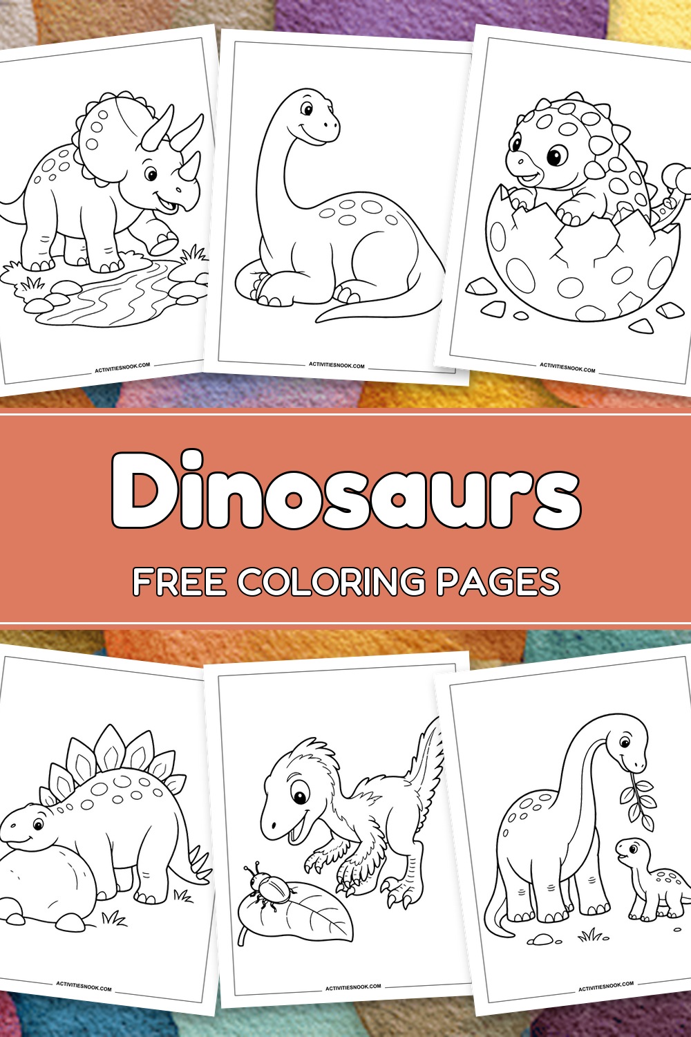 Free dinosaur coloring pages with six previews and a Dinosaurs title.