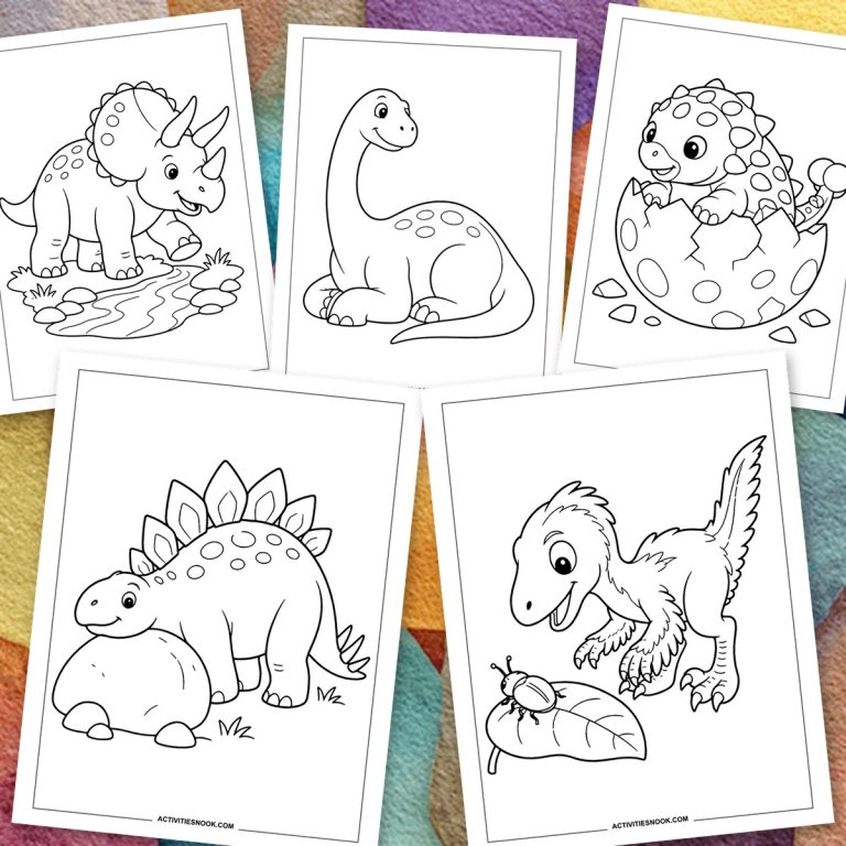 Five dinosaur coloring pages show a triceratops at a stream, a hatching baby, and a feathered dinosaur studying a beetle.